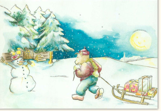Nostalgische Weihnachtskarte - Vintage Hund & Schlitten, Winterzauber mit Schneemann und Geschenken unter dem Baum