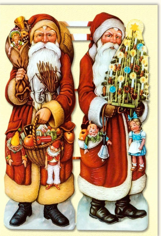 Nostalgische Weihnachtskarte - Vintage Merry Christmas mit Retro Weihnachtsmännern, Tannenbäumen & Geschenken in festlichem Rot, Grün & Gold