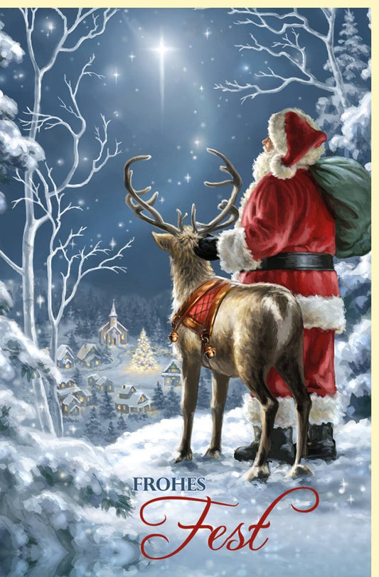 Nostalgische Weihnachtskarte - Vintage Rentier & Weihnachtsmann im Wald, Retro Winterlandschaft für besinnliche Festtage