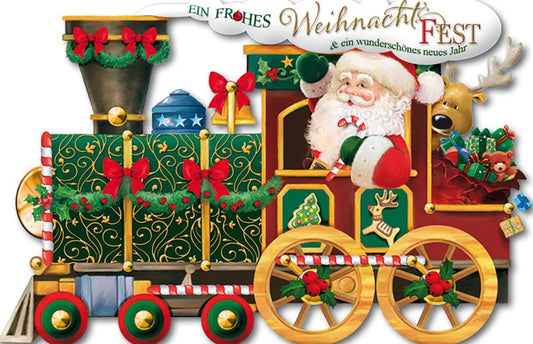 Nostalgische Weihnachtskarte - Vintage Zug mit Santa, Rentieren & Geschenken, umrahmt von Tannenzweigen für ein festliches Retro - Erlebnis