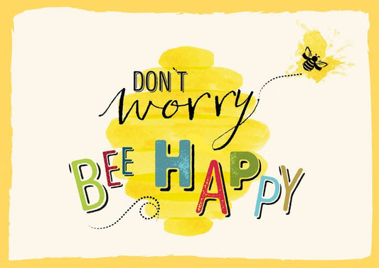 Optimistenkarte: Fröhliche Bienenpostkarte mit "Don't Worry Bee Happy" für Naturliebhaber