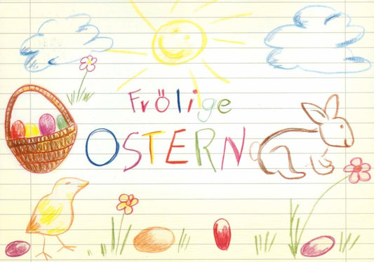 Ostergrußkarte mit Hasenmotiv und Korb – Fröhliche Ostergrüße in Aquarelloptik