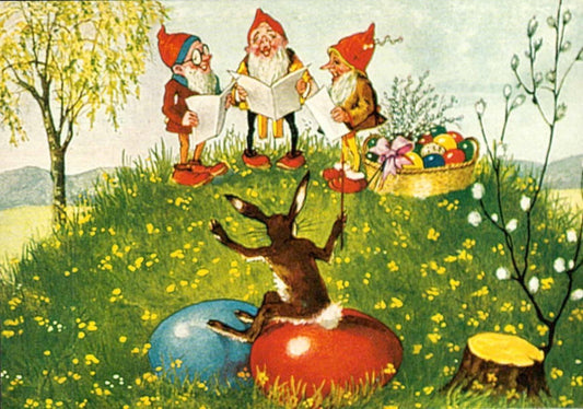 Ostergrußkarte mit Osterhase und Zwergen im Vintage - Stil
