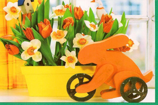 Ostergrußkarte ohne Text mit Hasenmotiv aus Holz für besondere Ostergrüße