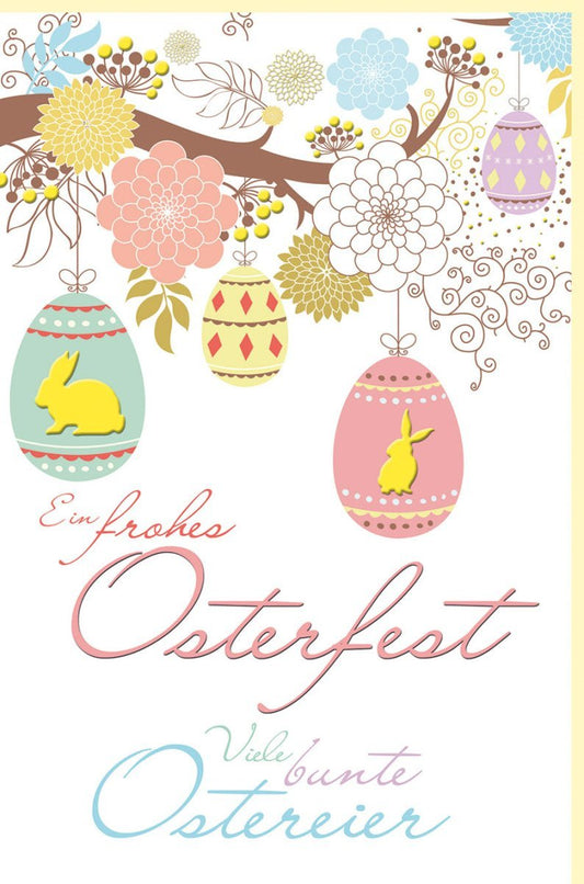 Osterkarte - Fröhliche Grüße mit Pastell - Ostereiern auf Naturkarton in Gelb & Rosa, Perfekt für Familie und Freunde