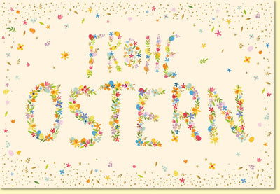 Osterkarte Fröhliche Ostern mit bunten Blumen und frühlingshaften Motiven liebevoll gestaltet als hochwertige Grußkarte für Ostergrüße