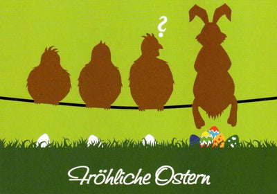 Osterkarte: Hase, Küken & Eier – Frühlingshafte Grüße an der Leine für Ihre Liebsten