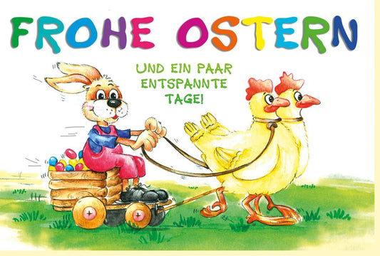 Osterkarte: Humorvolle Hasen - Eierkutsche mit bunten Ostereiern - Fröhliche Grüße für Familie & Kinder, Gelb - Grün