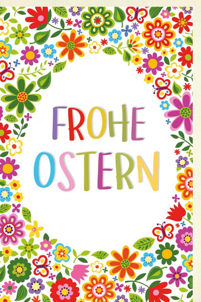 Osterkarte mit Frühlingsblumen und buntem Design – Farbenfrohe Grüße zu Ostern, blühender Rahmen für festliche Botschaften