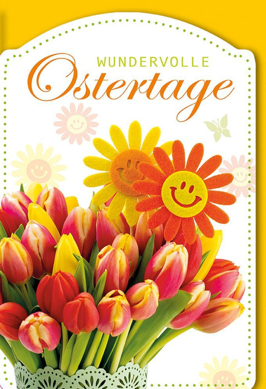 Osterkarte mit Frühlingsmotiv: Gelbe & rote Tulpen, Sonnenblumen - Design für festliche Ostergrüße und Dekoration - 210x148mm