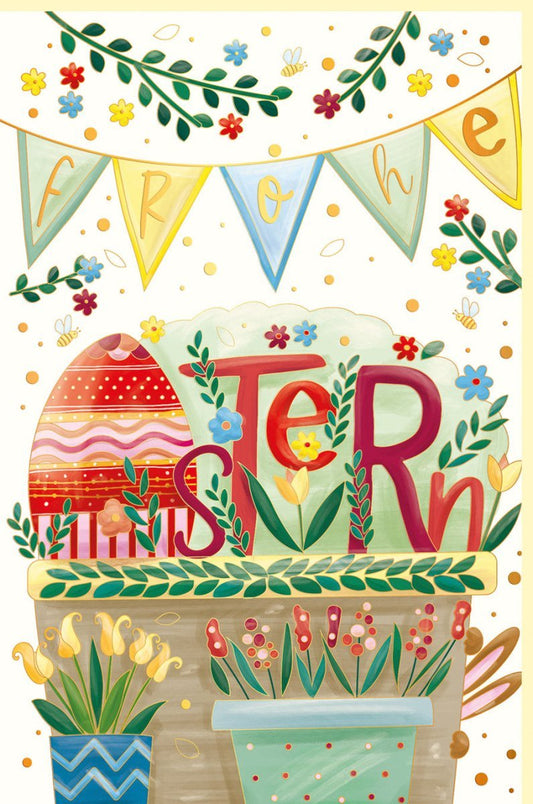 Osterkarte mit Goldfolie und Prägung – Festliche Osterei - Girlande, Frühlingsblumen - Dekor, Bunte Grußkarte für Ostern