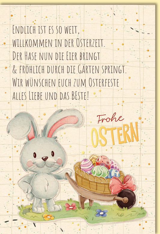 Osterkarte mit Hase und Ostereiern fröhliche Doppelkarte für Ostergrüße liebevolle Doppelkarte zu Ostern für Familie und Freunde