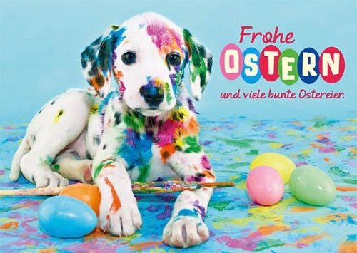 Osterkarte mit Hundemotiv – Fröhliche Frühlingsfarben & Ostereier für Familie & Freunde, Festliche Grußkarte zum Versenden