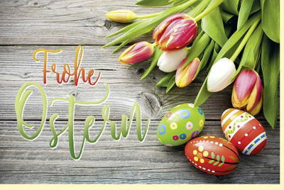 Osterkarte mit Tulpen & Ostereiern - Frühlingsgruß auf bunter Holztextur für frohe Ostergrüße