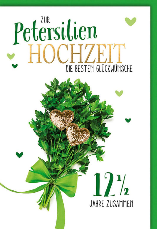 Petersilienhochzeitskarte – Petersilienstrauß mit goldenen Herzen und grünem Band