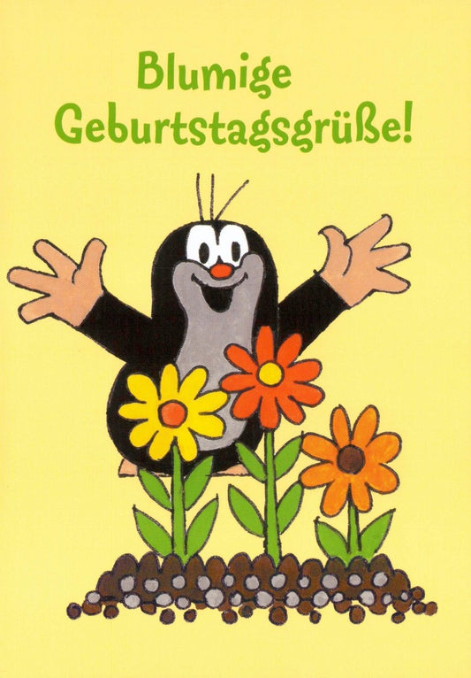 Postkarte für Kinder Der kleine Maulwurf Blumige Geburtstagsgrüße
