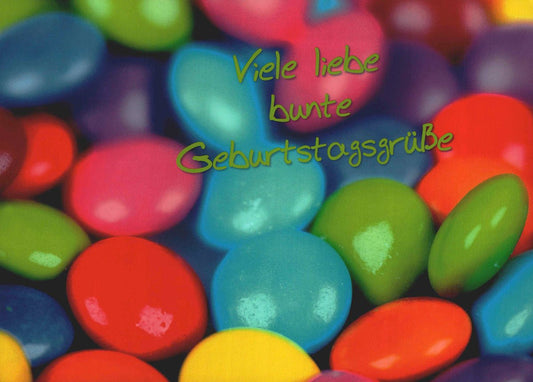 Postkarte Geburtstag bunte Smarties viele liebe Geburtstagsgrüße farbenfrohe Postkarte für Kinder und Erwachsene fröhliche Postkarte