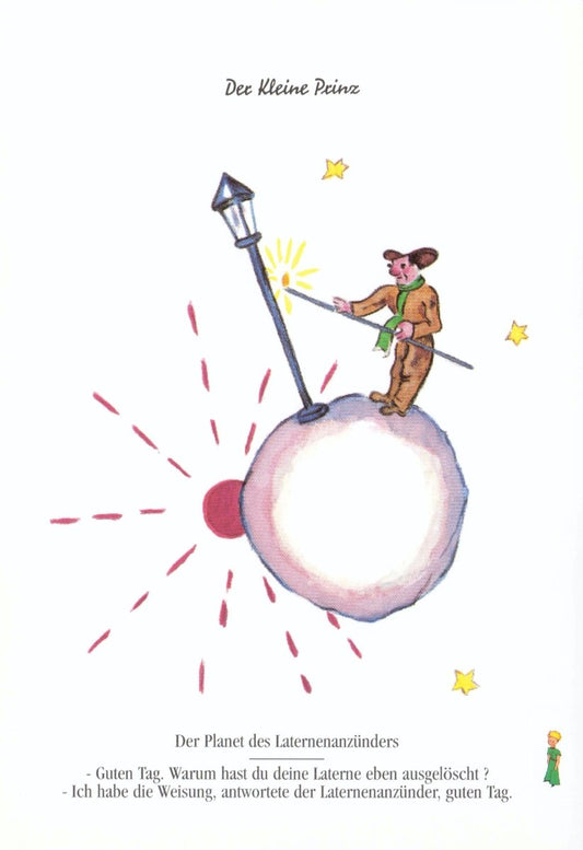 Postkarte Geburtstag Der kleine Prinz mit Laternenanzünder liebevoll illustriert für Kinder Postkarte zum Geburtstag Kinderbuch Motiv