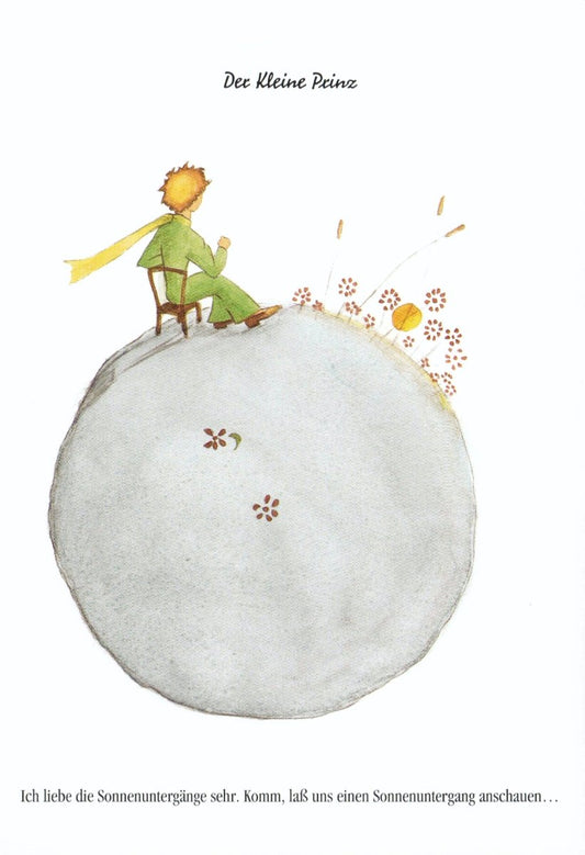 Postkarte Geburtstag für Kinder Der kleine Prinz auf Planet mit Sonnenuntergang und Blumen liebevoll illustriert Postkarte Kinder