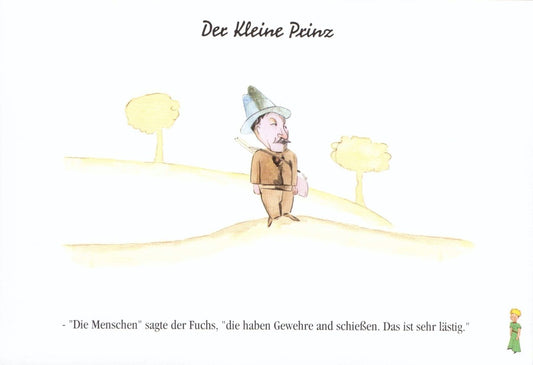 Postkarte Geburtstag für Kinder Der kleine Prinz mit Fuchs und Jäger liebevoll illustriert Postkarte zum Geburtstag Kinder Spruch