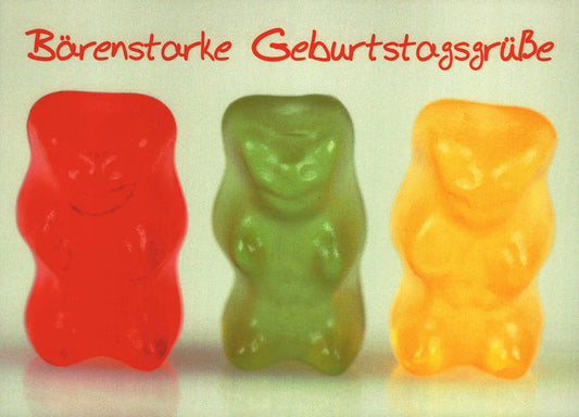 Postkarte Geburtstag mit Gummibärchen - Motiv und Aufschrift Bärenstarke Geburtstagsgrüße farbenfrohe lustige Postkarte für Geburtstag