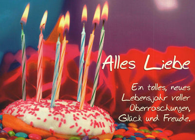 Postkarte Geburtstag mit Kerzenkuchen und Spruch Alles Liebe bunte Geburtstagsgrüße für ein neues Lebensjahr voller Glück und Freude