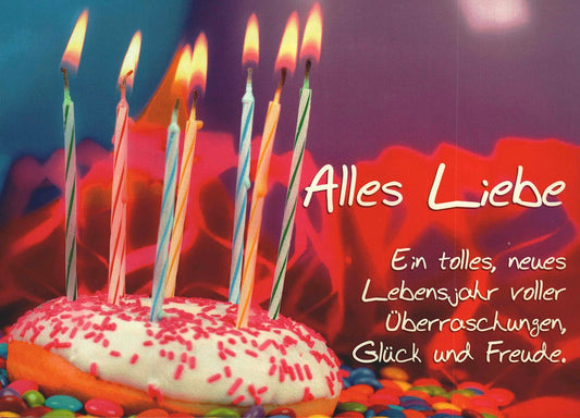 Postkarte Geburtstag mit Kerzenkuchen und Spruch Alles Liebe bunte Geburtstagsgrüße für ein neues Lebensjahr voller Glück und Freude