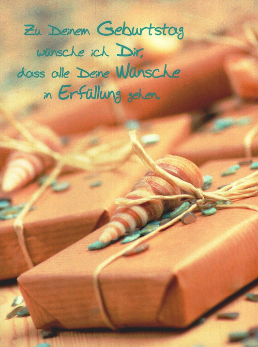 Postkarte Geburtstag mit Muschel und Geschenk Motiv liebevolle Geburtstagsgrüße Postkarte für Glückwünsche besondere Wünsche