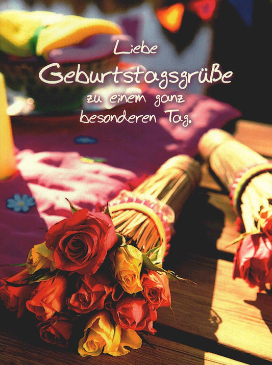Postkarte Geburtstag mit Rosenstrauß und liebevollen Geburtstagsgrüßen für einen besonderen Tag farbenfrohe Postkarte zum Geburtstag