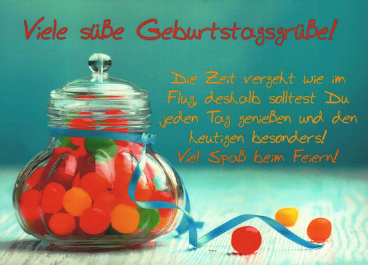 Postkarte Geburtstag mit süßen Grüßen bunte Bonbons im Glas fröhliches Design und liebevolle Botschaft für besondere Geburtstage