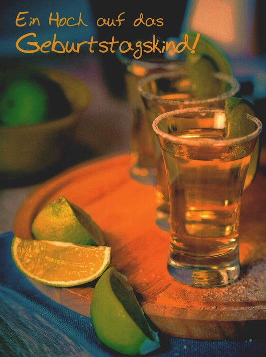 Postkarte Geburtstag mit Tequila und Limetten Ein Hoch auf das Geburtstagskind stimmungsvolle Postkarte für Geburtstagsfeier