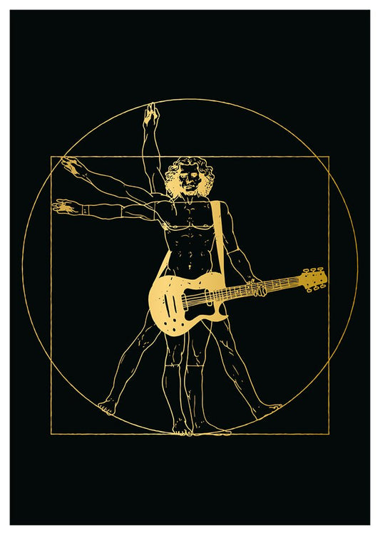 Postkarte Kunstpostkarte Vitruvianischer Mensch mit E - Gitarre goldene Illustration auf schwarzem Hintergrund originelle Postkarte