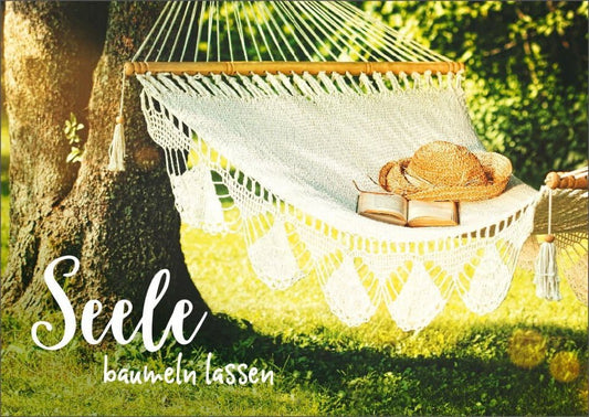 Postkarte Lebensweisheit "Ruhe Oase" – Hängematte, Naturidylle & Sonnenschein im Garten für Erholung und Seelenfrieden