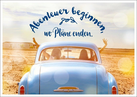 Postkarte Lebensweisheiten: Abenteuer & Freiheit, Auto - Motiv mit inspirierendem Spruch und Himmel - Design