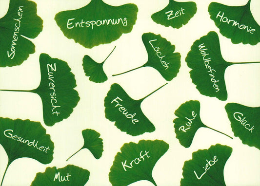 Postkarte Lebensweisheiten mit Ginkgo - Blättern und inspirierenden Worten wie Freude Kraft Liebe Zuversicht Glück Harmonie Entspannung