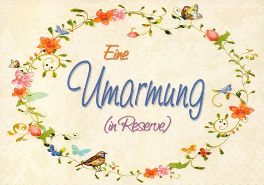 Postkarte Liebe - "Umarmung in Reserve" mit Blumenkranz & Vogel, Vintage Romantik in Pastellfarben, Herzliche Botschaft für Zuneigung