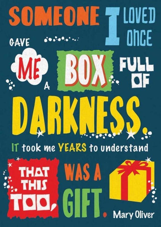 Postkarte Liebeskummer - "Durch Dunkelheit zur Erkenntnis" von Mary Oliver, bunte Illustration & Textdesign, Geschenkbox für Einsicht nach Trennung