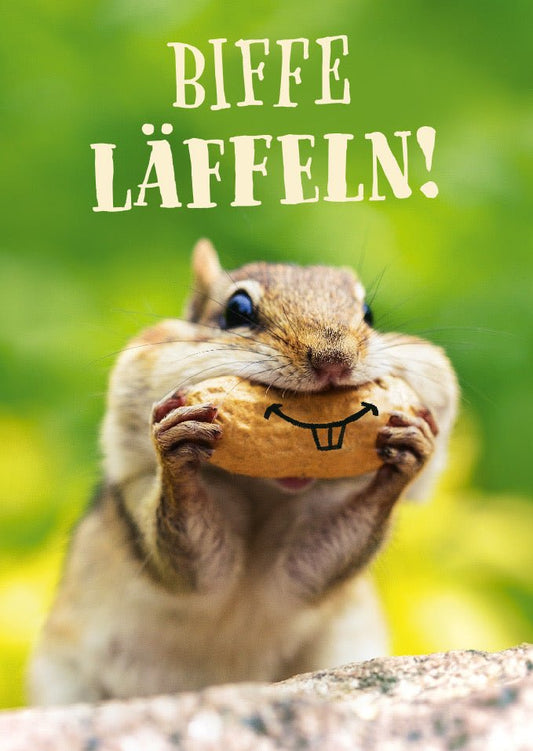Postkarte lustiger Spruch Biffe Löffeln Eichhörnchen mit Nuss witzige Grußkarte Humor Tiermotiv für Freunde und Familie