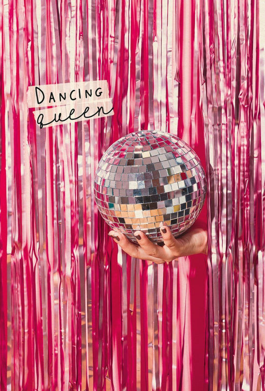 Postkarte mit Spruch für Tanzliebhaber: Dancing Queen Discokugel auf Zuckerrohrpapier