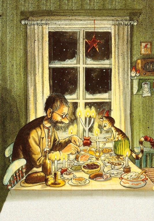 Postkarte Pettersson und Findus Abendessen unter Kerzen