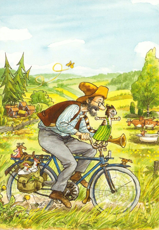 Postkarte Pettersson und Findus Fahrradtour