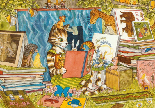 Postkarte Pettersson und Findus Findus beim Lesen