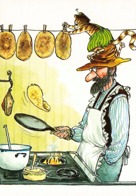 Postkarte Pettersson und Findus Pfannkuchen backen
