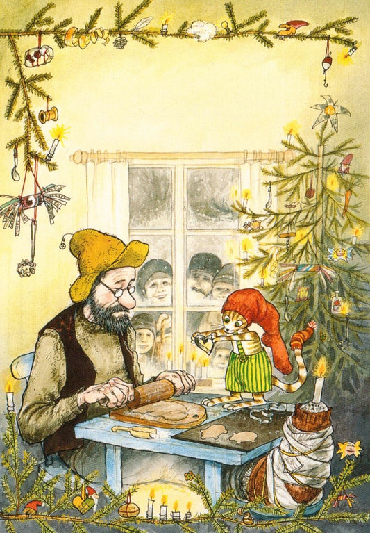Postkarte Pettersson und Findus Plätzchen backen