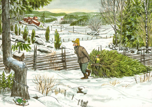 Postkarte Pettersson und Findus Tannenbaumschlagen