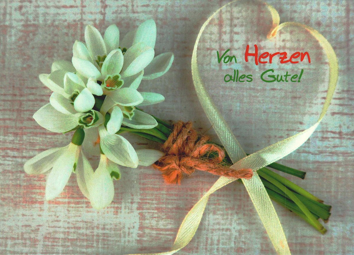 Postkarte Schneeglöckchen Blumenstrauß mit Herzband liebevoll gestaltet für besondere Grüße und herzliche Wünsche