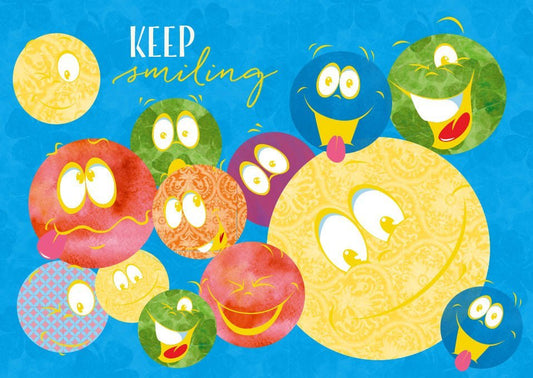 Postkarte Sprüche: Bunte Köpfe – Keep Smiling für positive Gedanken