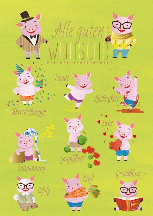 Postkarte Sprüche Glücksschweine mit Folienprägung – Freude und Liebe verschenken