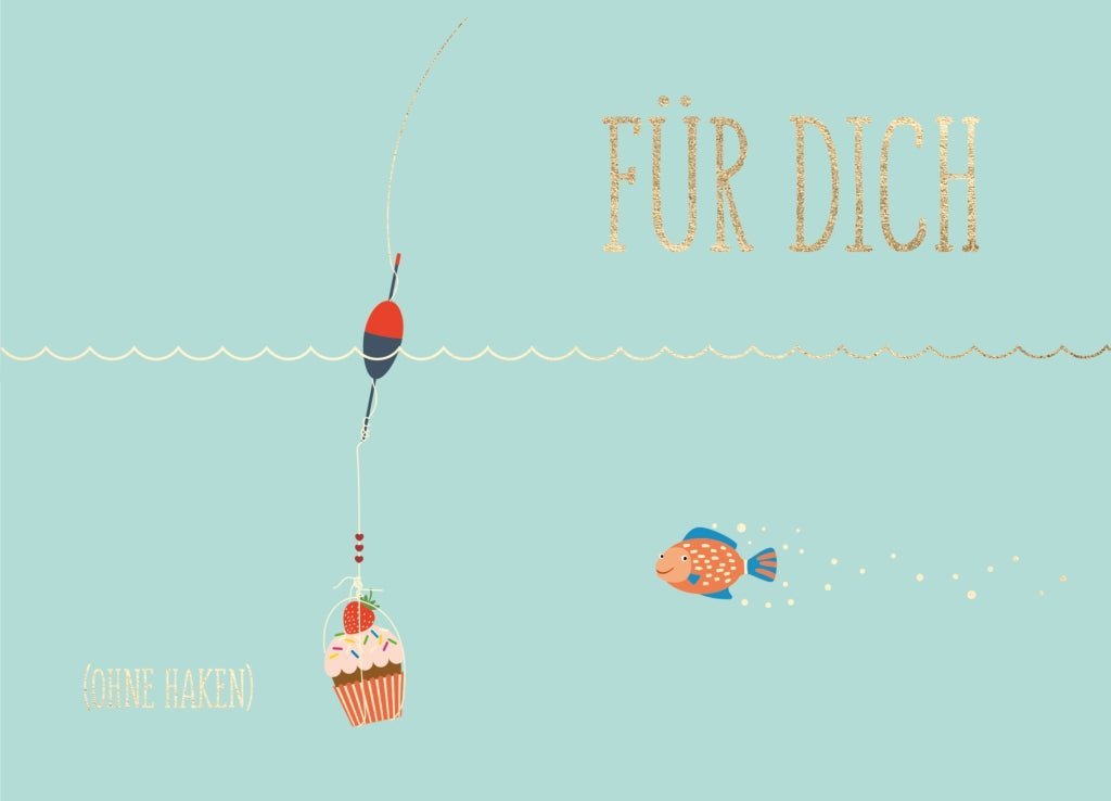 Postkarte - Sprüche: Humorvolle Angel & Fisch Illustration, Cupcake - Motiv für Freundschaft – Entspannung & Spaß in Hellblau