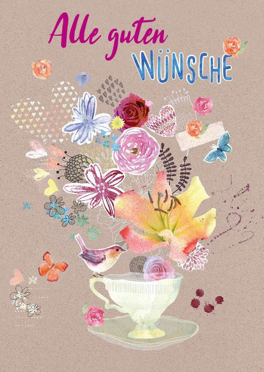 Postkarte Sprüche: Illustration Tasse mit herzlichen Wünschen für jeden Anlass